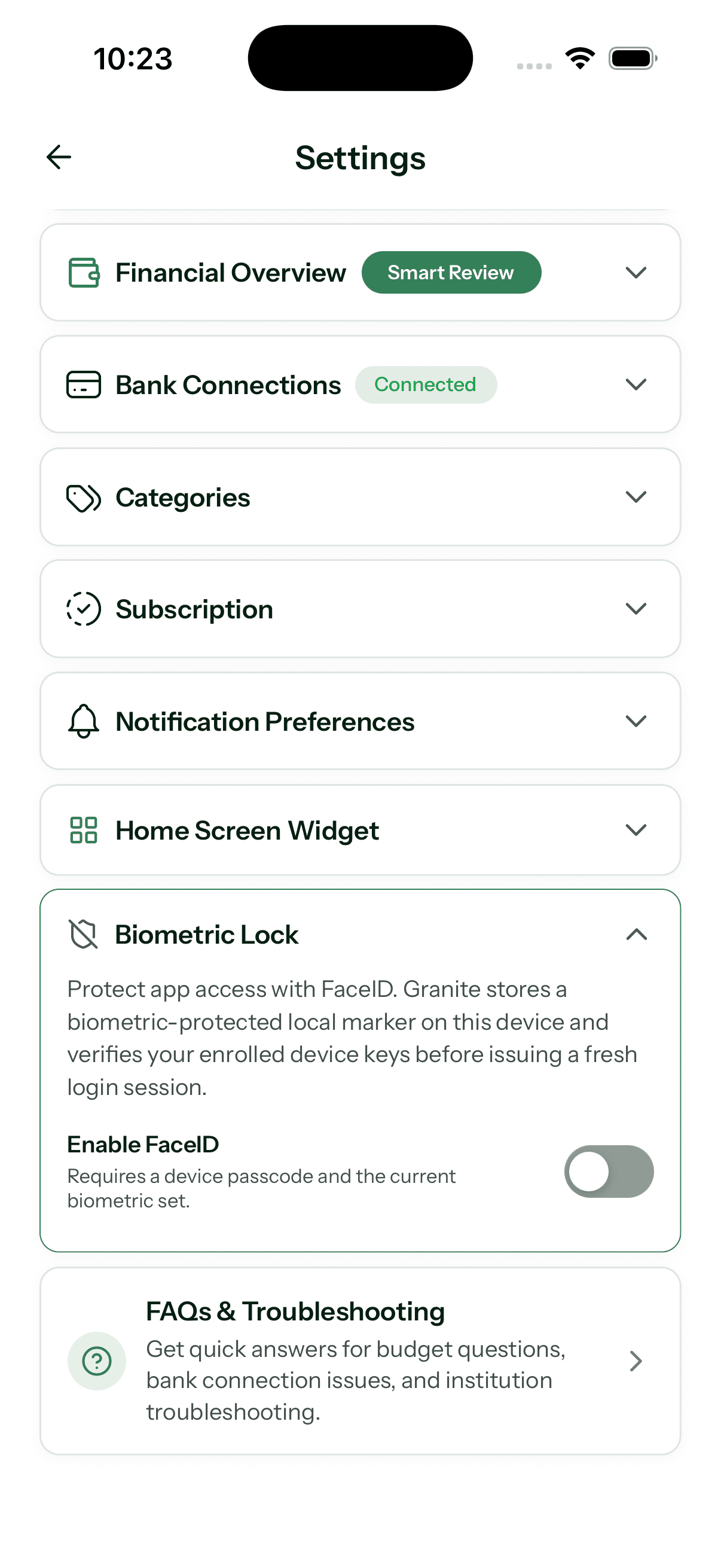 Granite settings with the Biometric Lock section expanded and the Enable Face ID toggle visible