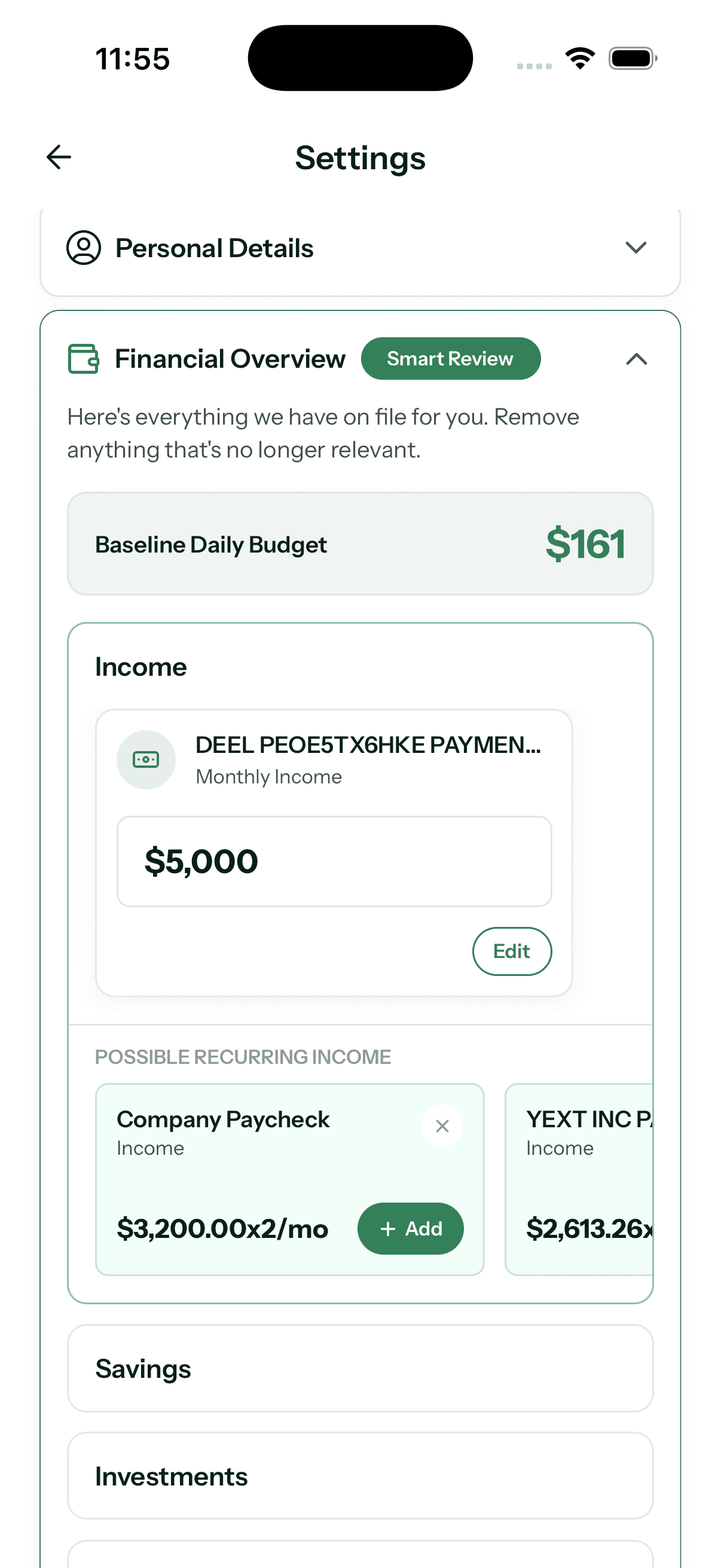 Granite Financial Overview showing a baseline daily budget, monthly income, and possible recurring income suggestions