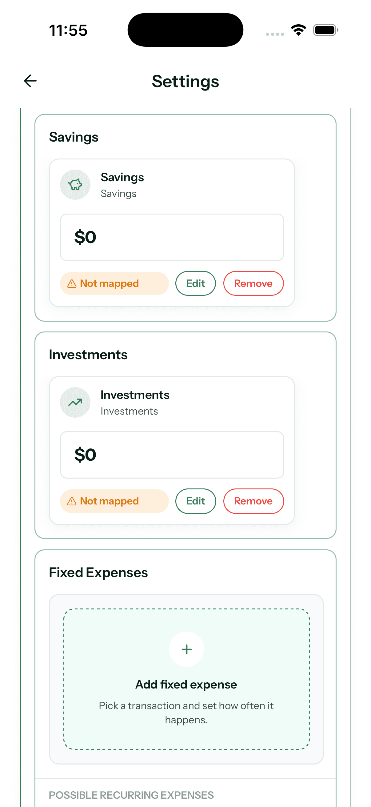 Granite Financial Overview showing editable Savings and Investments plan cards