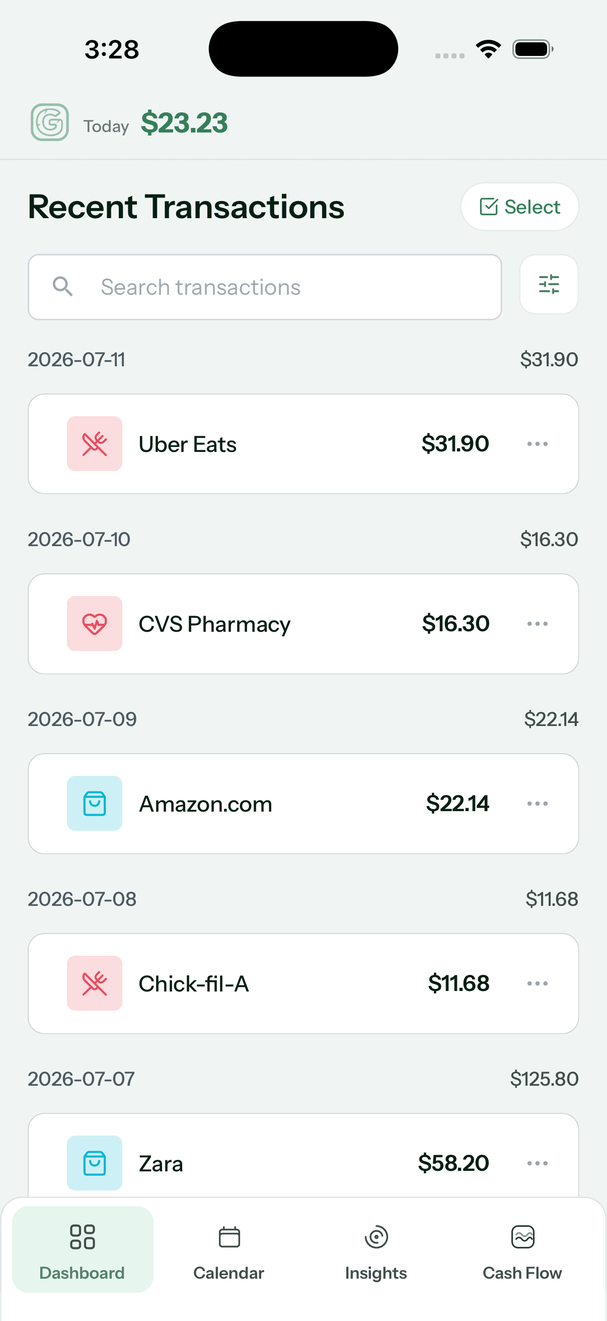 Granite Recent Transactions screen with merchant search, filter controls, dated transaction groups, and category icons