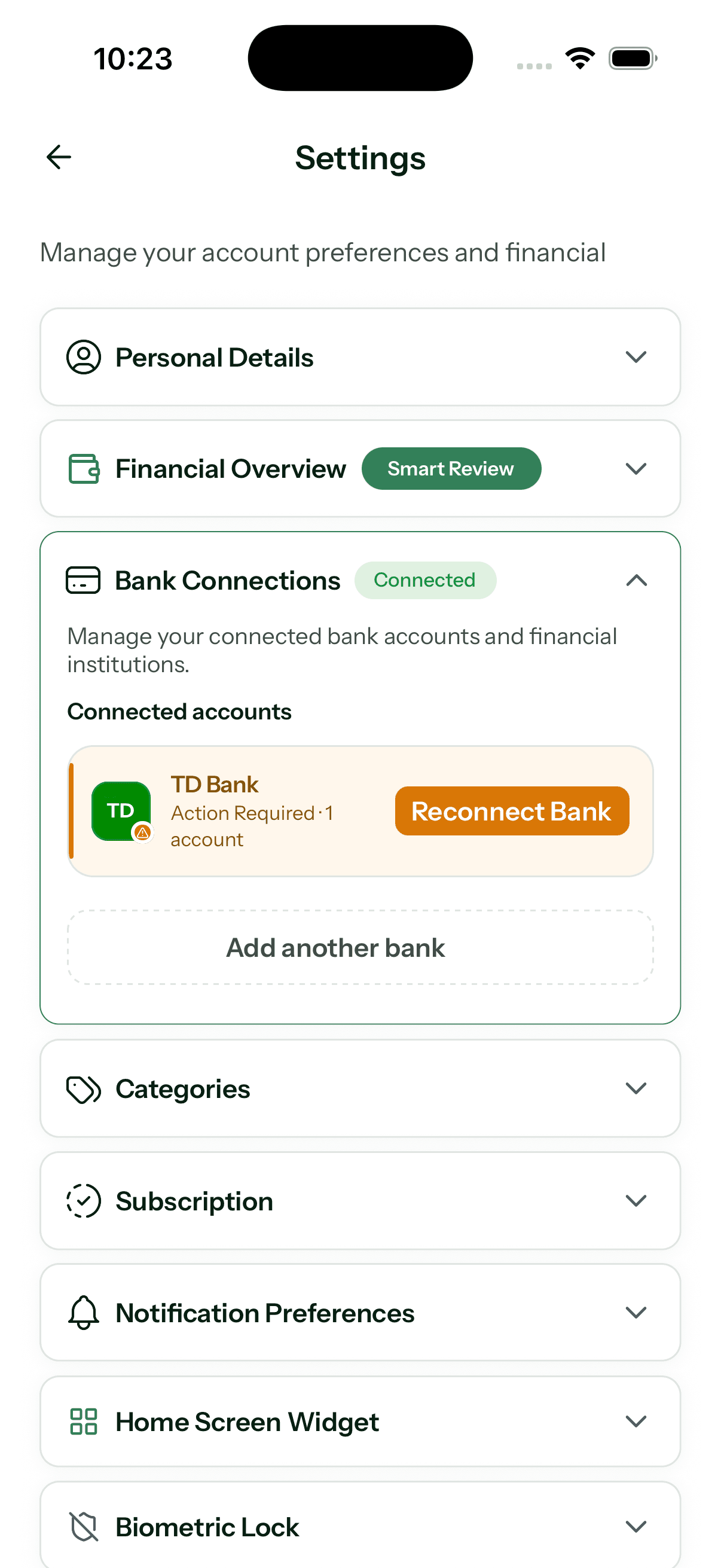 Granite Bank Connections settings showing a TD Bank account that requires reconnection