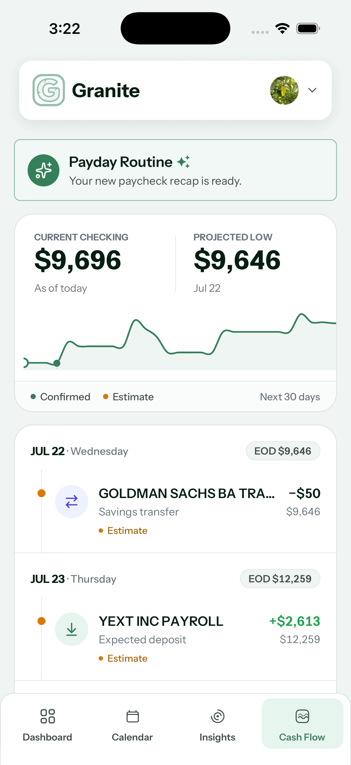 Granite Cash Flow showing current checking, the projected 30-day low, and upcoming estimated transfers and income