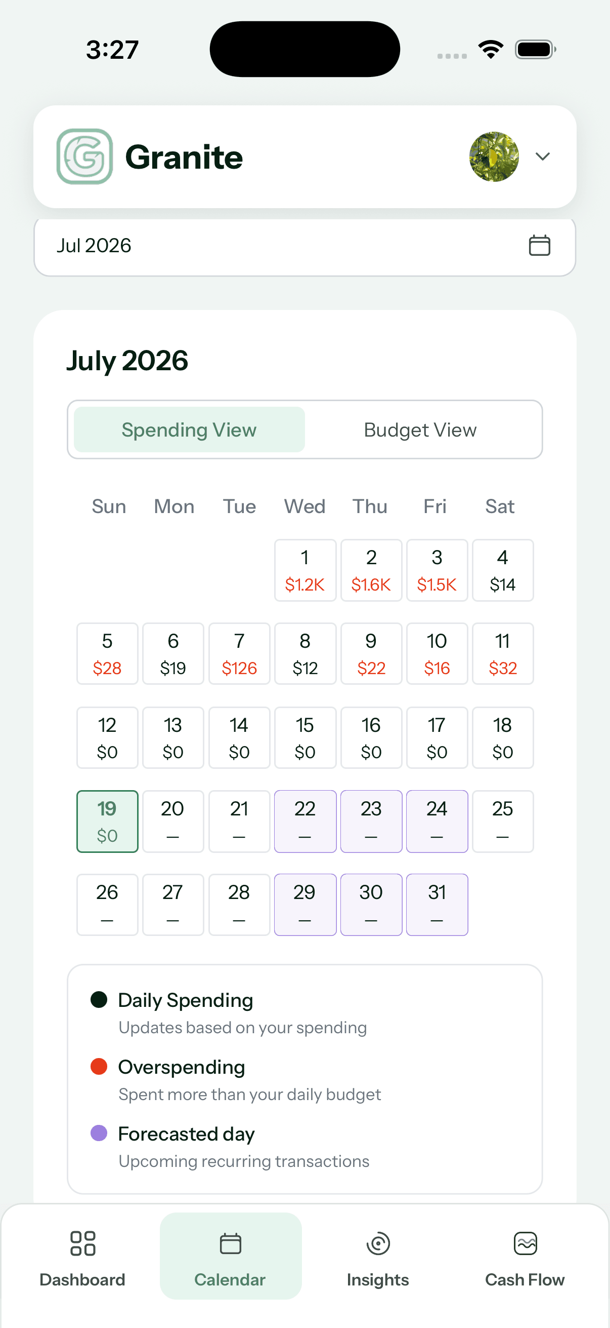 Granite Calendar showing July 2026 in Spending View with daily spending, overspending days, and forecasted recurring days