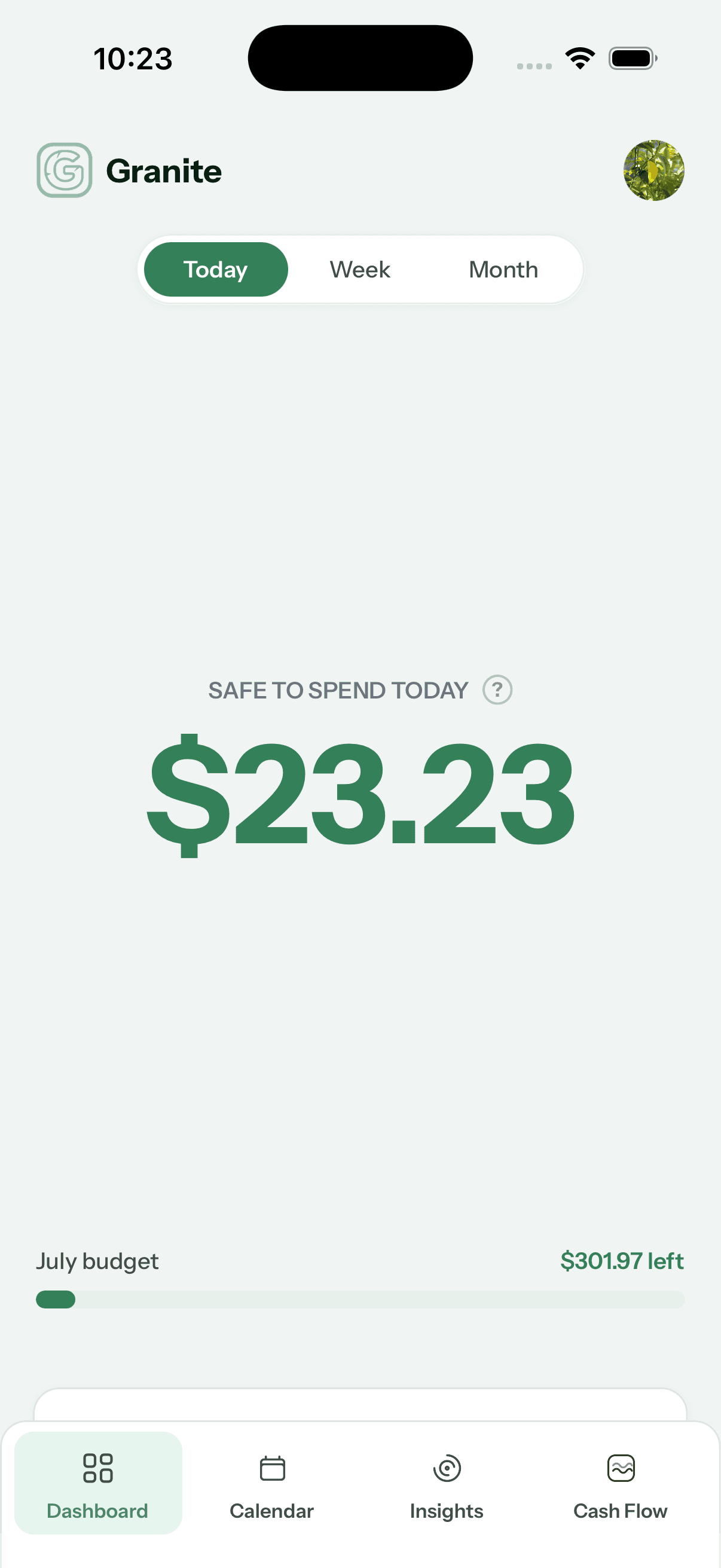 Granite’s daily budget screen showing an example spending allowance of $23.23.