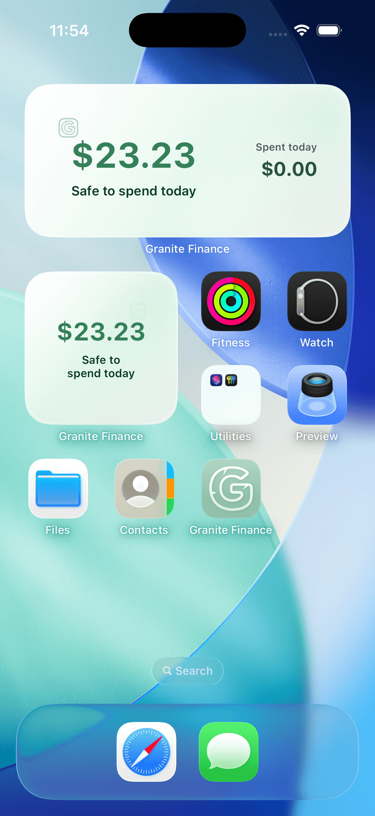 iPhone Home Screen showing the Granite Finance budget widget in Medium and Small sizes
