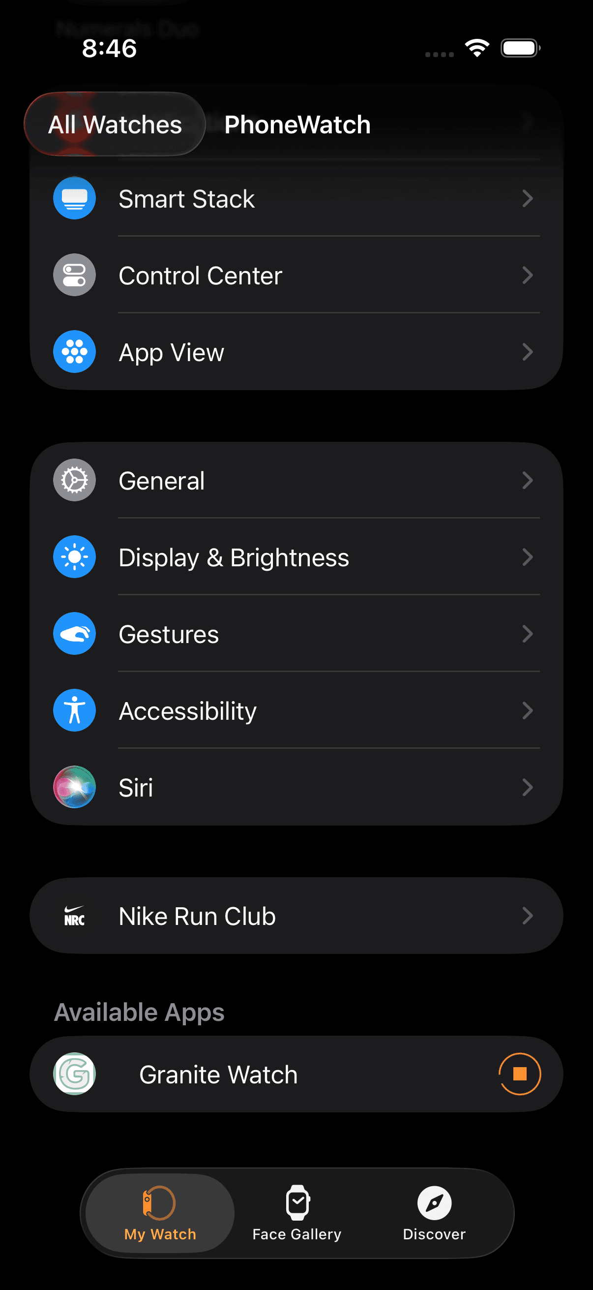 Apple Watch app on iPhone showing Granite Watch under Available Apps