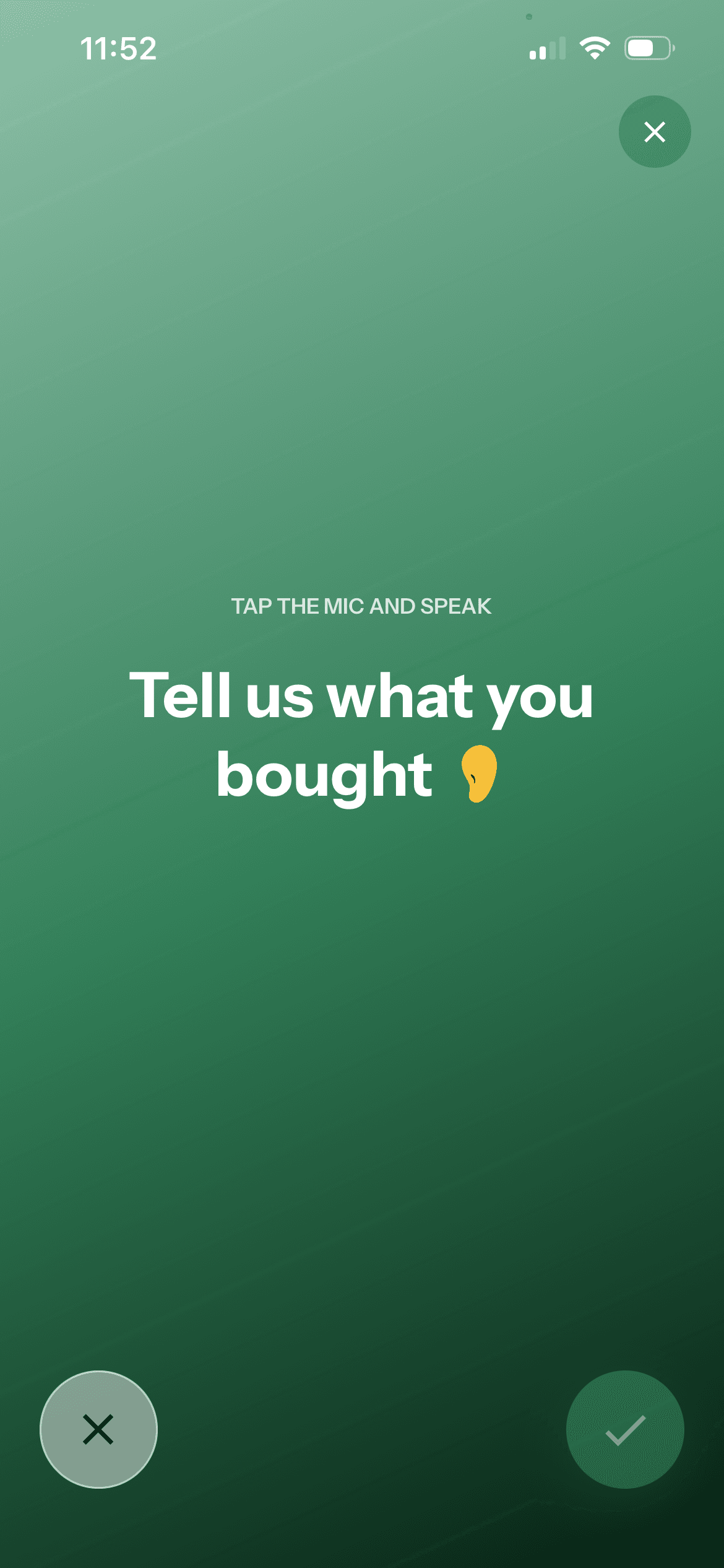 Granite voice transaction screen ready for the user to speak